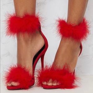 Red Feather Strap Heels from Prettylittlething . Available in size 6
